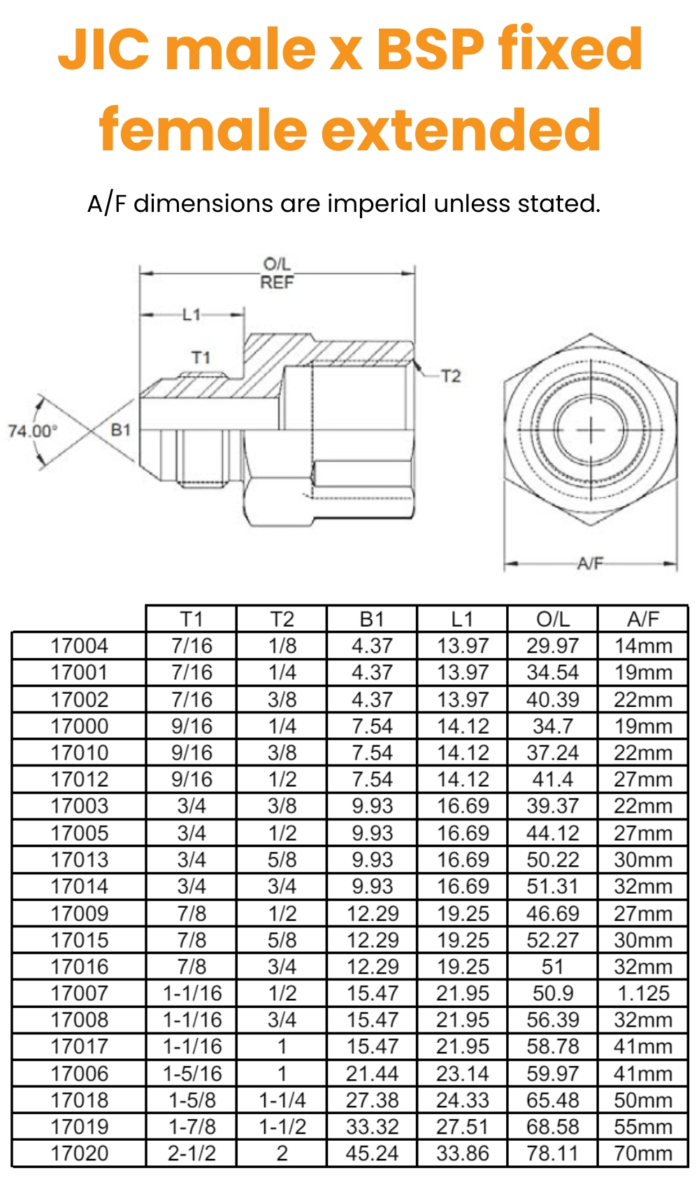 7/16 JIC x 1/8 BSP M/Fix Fem Ext Hydraulic Adaptor